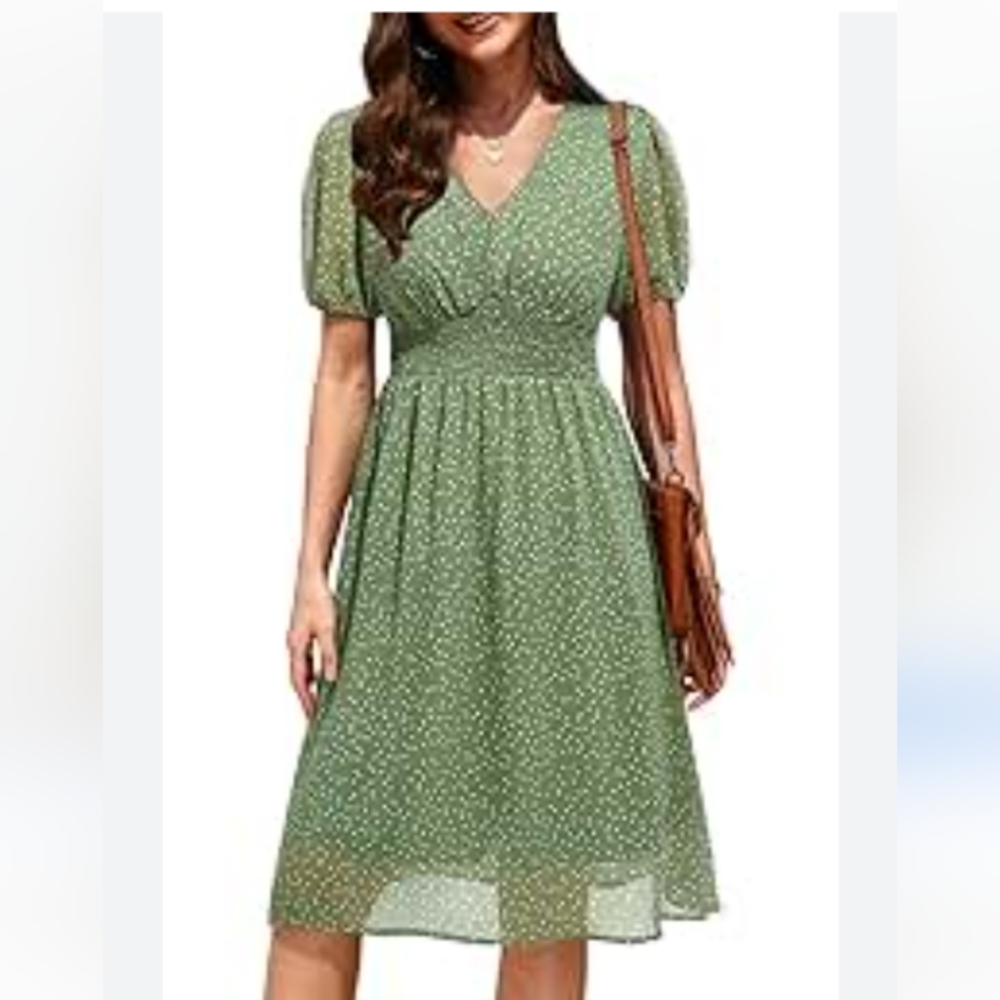 Boho Floral V Neck Short Sleeve Smocked Waist Chiffon Swing  Knee Dress size M